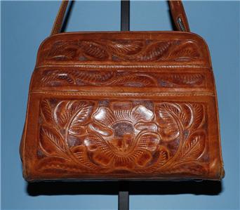 Vintage AVELAR Soft Floral HAND-CARVED Tan Leather Small Shoulder Zip Purse Bag | eBay