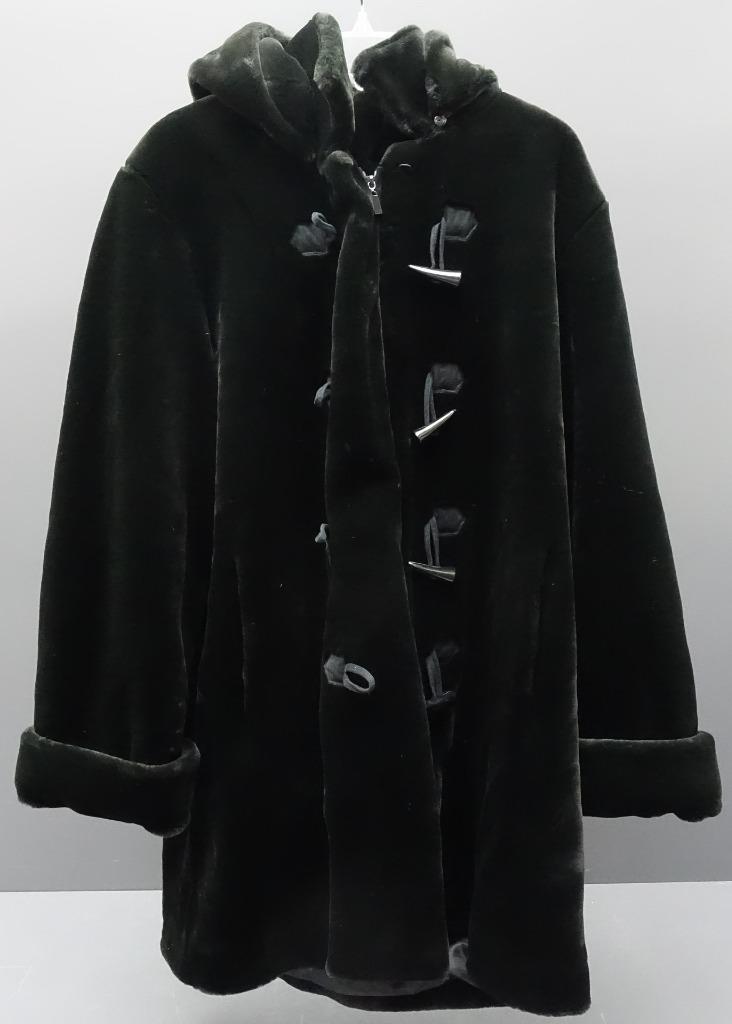 Dennis Basso Black Faux Fur Hooded Zipper Toggle Coat Women's Size 1X | eBay