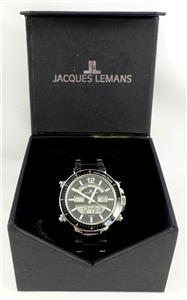 メラメーラ Jacques Lemans mens black +silvertone watch 1-1714 alarm