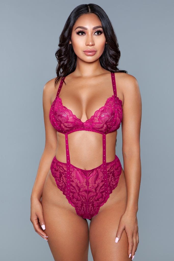 sexy BE WICKED studded LACE cutout CHEEKY thong BODYSUIT teddy ROMPER one-piece - Picture 2 of 2