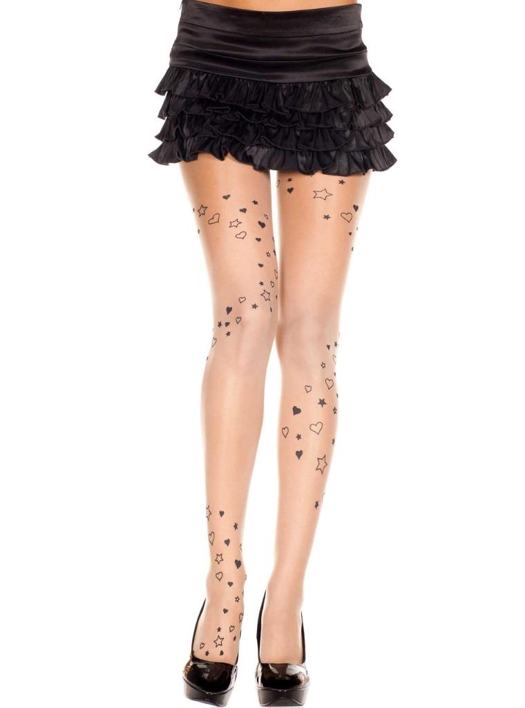 sexy MUSIC LEGS sheer SEE through HEARTS stars PRINT pantyhose NYLONS stockings - Picture 2 of 2