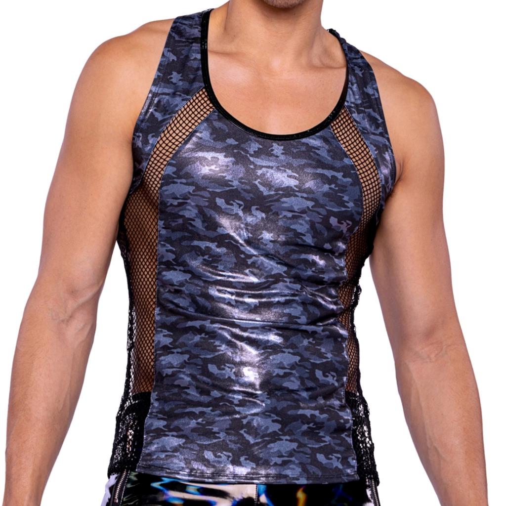 NEW sexy ROMA men’s FISHNET net BACK shiny SHIMMER camo RACERBACK tank TOP shirt