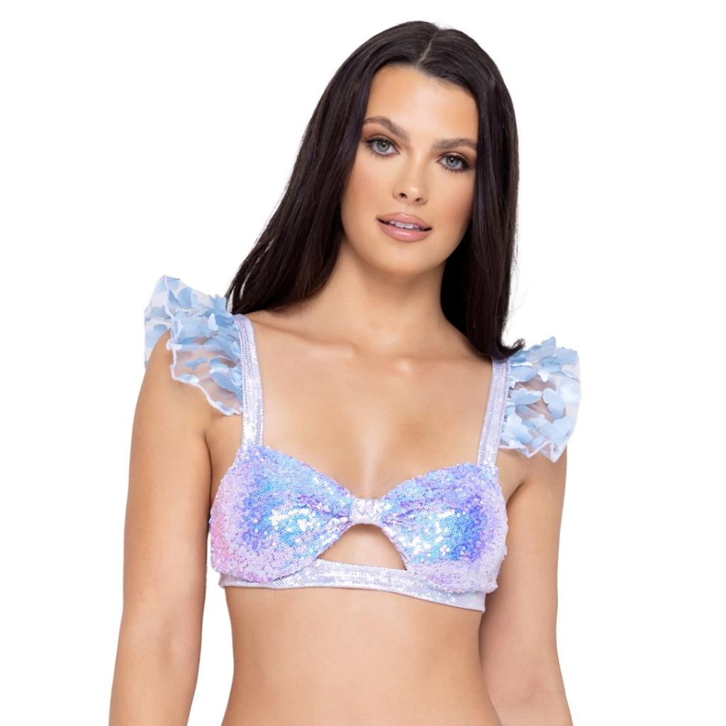 sexy ROMA sequin KEYHOLE butterfly MESH ruffled SHORT cap SLEEVE bikini BRA top