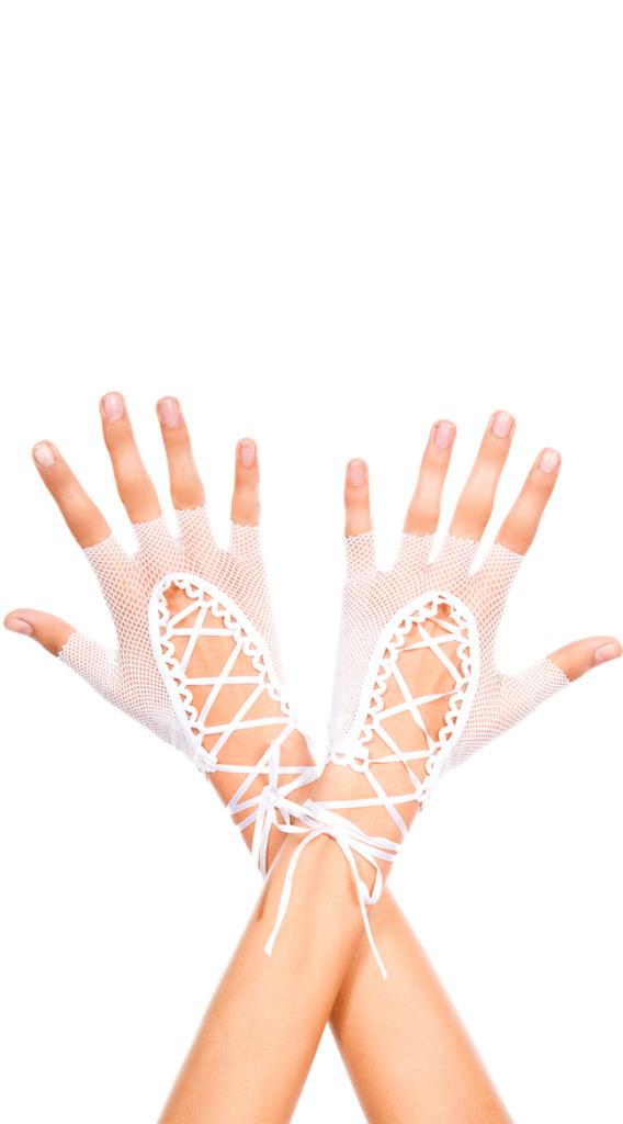 sexy MUSIC LEGS short LACE UP lacing WRIST length FISHNET fingerless GLOVES punk - Picture 4 of 4
