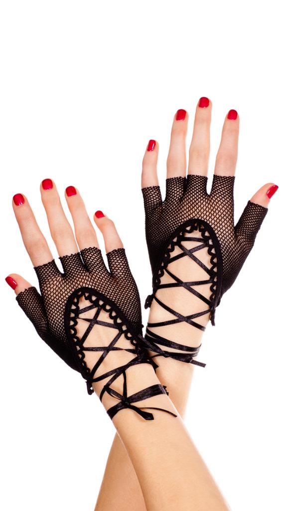 sexy MUSIC LEGS short LACE UP lacing WRIST length FISHNET fingerless GLOVES punk - Picture 2 of 4