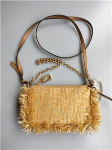 Auth Fendi Beige FF Fabric and Raffia Baguette Pouch Fringes