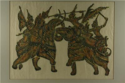 Details About Vintage Framed Art Thailand Temple Rubbing Rice Paper Elephant Warriors Battle