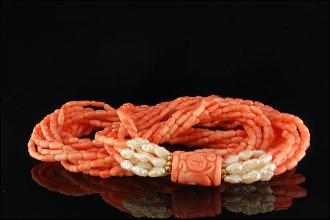 VINTAGE CHINESE CARVED NATURAL PINK CORAL PEARL 6 STRANDS NECKLACE 30 ...