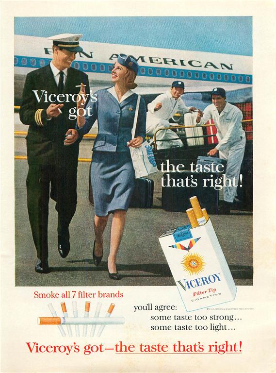 1963 Viceroy Cigarette ad ~ Pan American Airline Pilot & Stewardess on ...