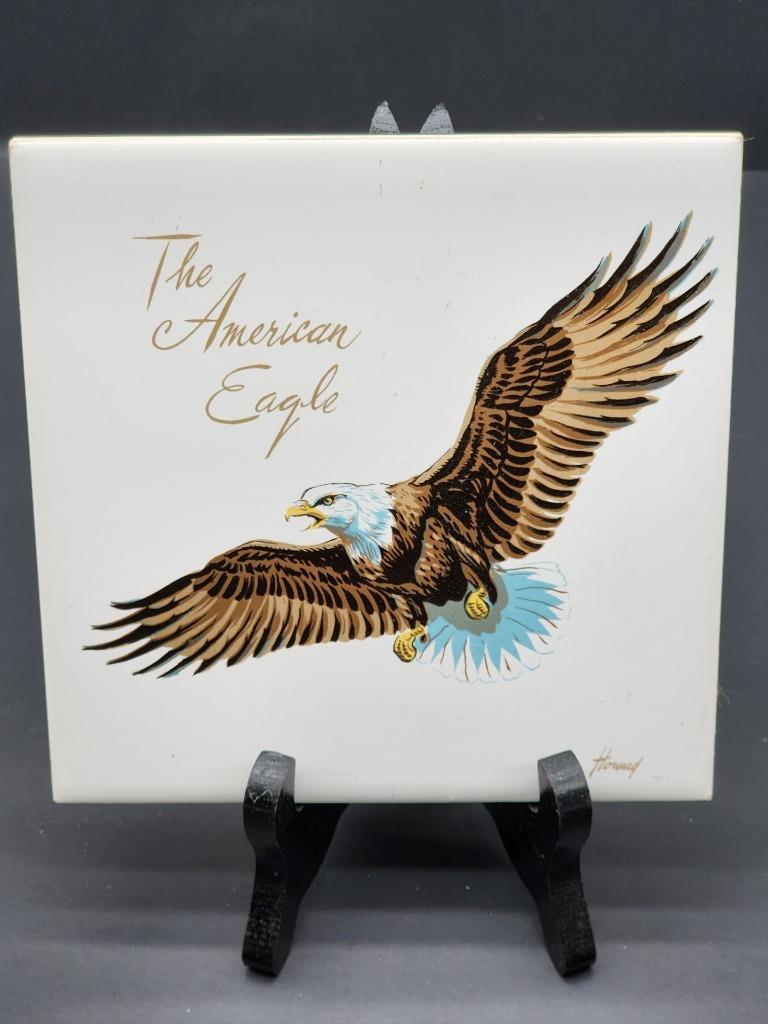 THE AMERICAN EAGLE Vintage TILE Screencraft Hand Decorated USA 6" X 6" CORK Back