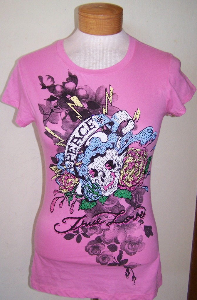 Candy Rain Pink Crystal Skull Rhinestone Tattoo Print True Love T Shirt 2 Sizes