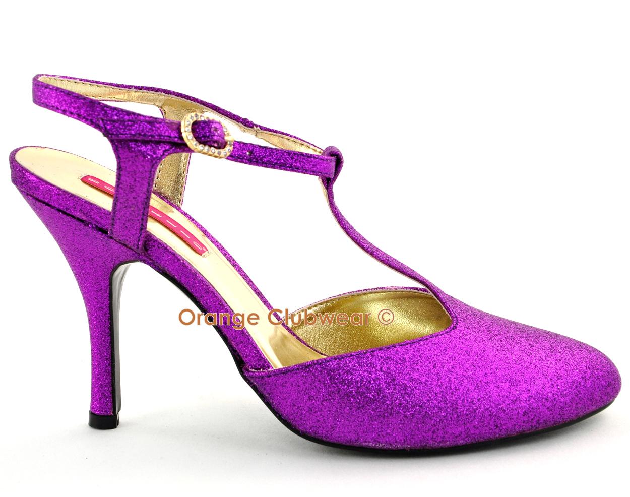 BORDELLO Womens Purple Glitter Sexy High Heels T-Strap Shoes Show ...