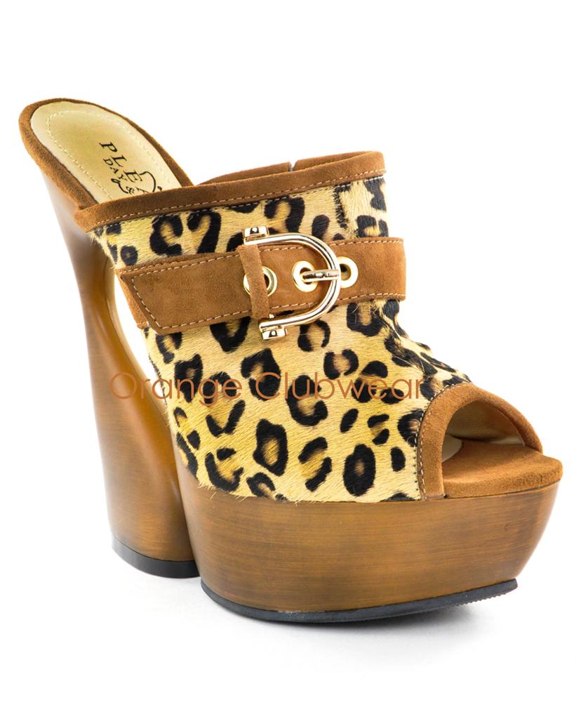 PLEASER Womens Tan Leather Leopard Cheetah Mules Platform Clogs High ...