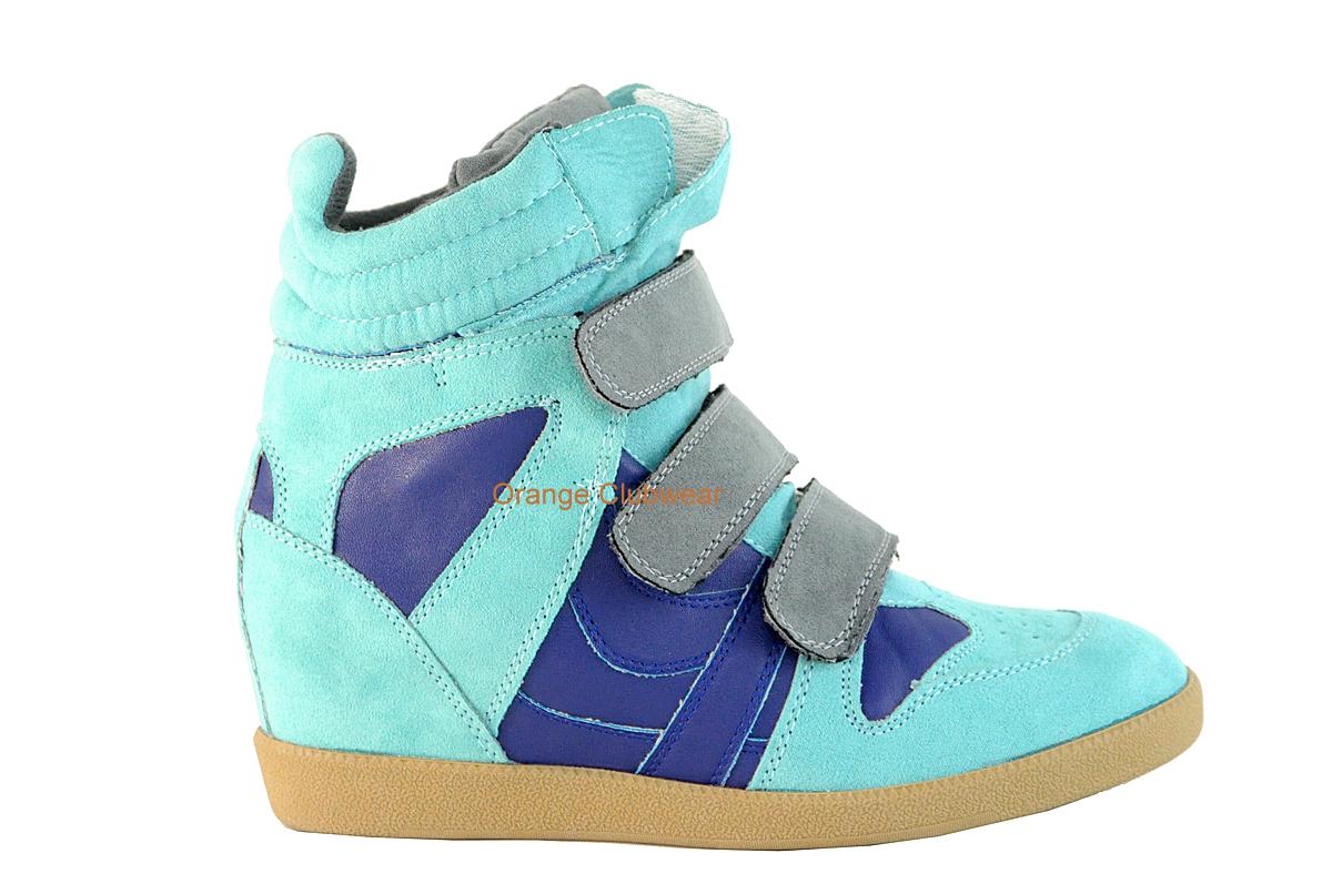 Qupid Mint Green Blue Suede Pumped Up Wedge Velcro Fashion Street Sneakers