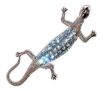 BROOCH/PIN Pale Blue Rhinestones & Silvertone Gecko Reptile 