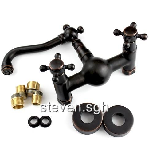 Double Handle Wall Mounted Bridge Kitchen Faucet In Oil Rubbed Bronze ...
