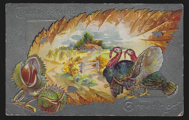 Postcard - Thanksgiving Greetings Postcard with Turkeys in Leaf and Autumn Landscape