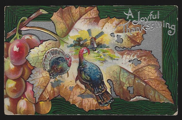 Postcard - Joyful Thanksgiving Postcard with Turkeys in Leaf with Windmill and Grapes