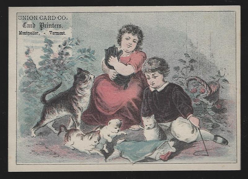 Advertisement - Victorian Trade Card for Union Card Co. With Boy and Girl Playing with Cat and Kittens