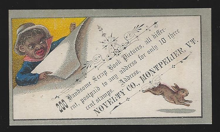Advertisement - Victorian Trade Card for Novelty Co. , with African American Boy and Rabbit