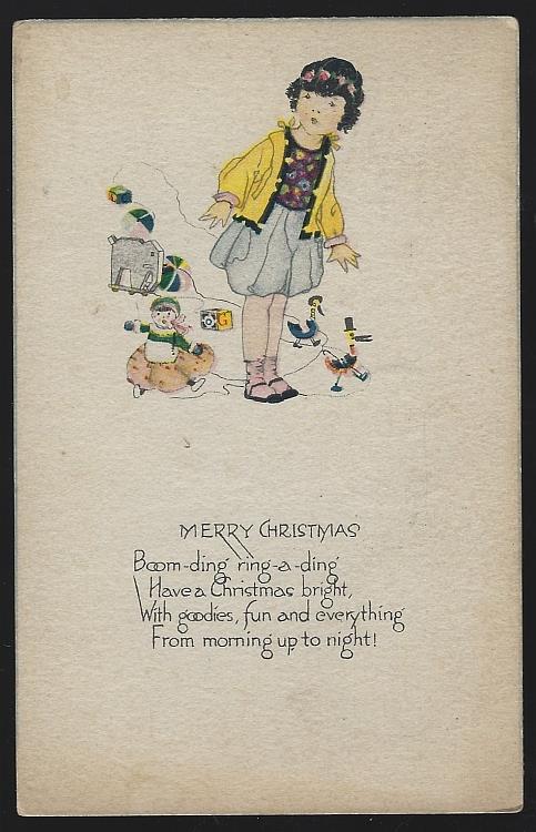 Postcard - Merry Christmas Postcard with Young Girl and Toys