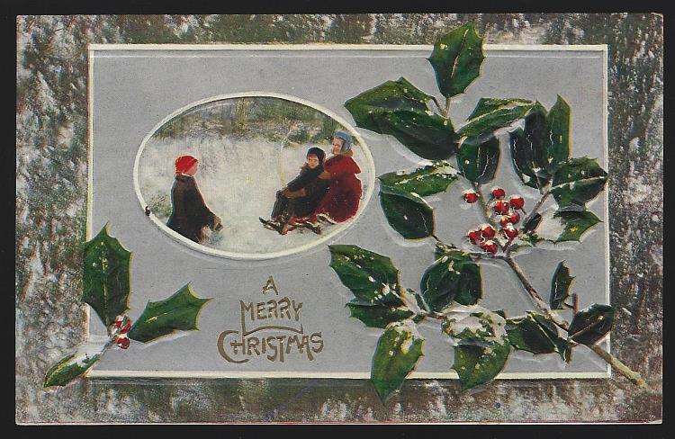 Postcard - Merry Christmas Postcard Children Sledding