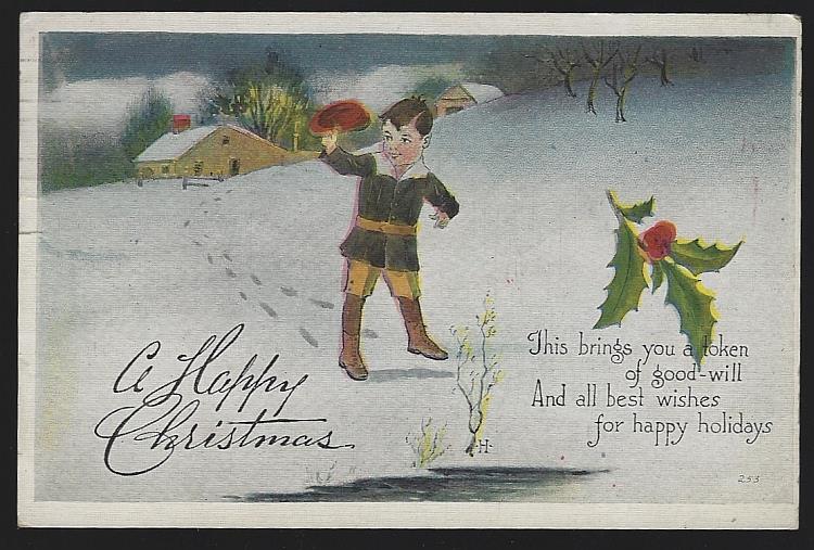 Postcard - Happy Christmas Postcard Little Boy Walking Outside