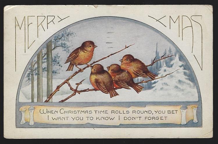 Postcard - Merry Christmas Postcard with Birds and Snowy Landscape