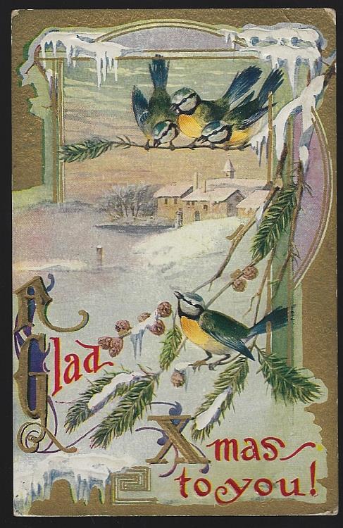 Postcard - Glad Xmas Postcard with Birds and Snowy Landscape