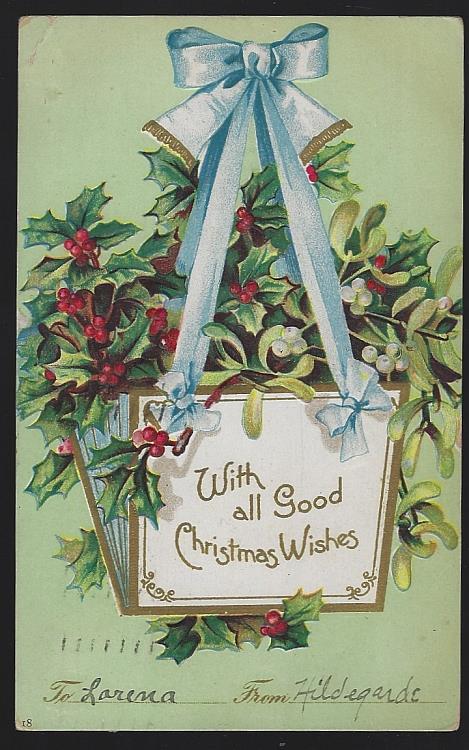 Postcard - Christmas Postcard with Hanging Basket of Holly