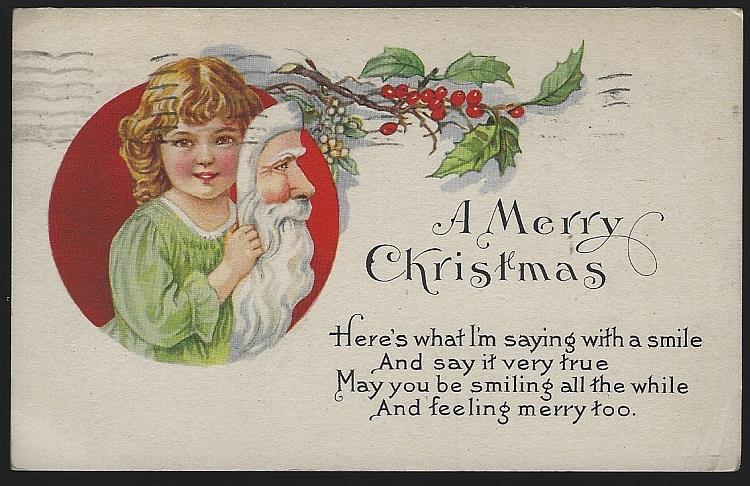 Postcard - Merry Christmas Postcard with Girl with Santa Claus Mask