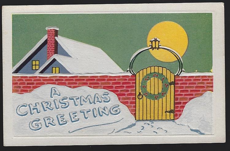 Postcard - Christmas Greeting Postcard with Snowy House and Full Moon