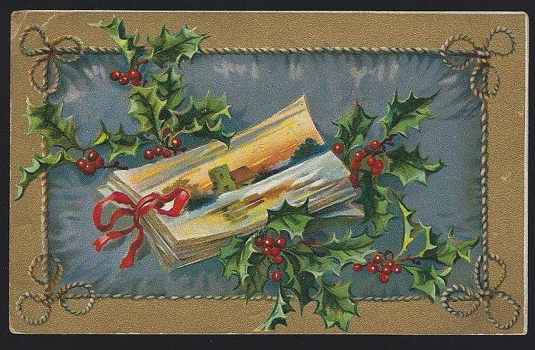 Postcard - Christmas Postcard with Book and Holly