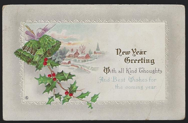Postcard - New Year Greeting Postcard with Bells and Holly