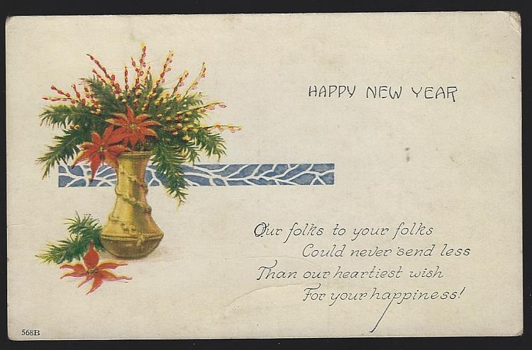 Postcard - New Year Postcard with Vase Filled with Poinsettias