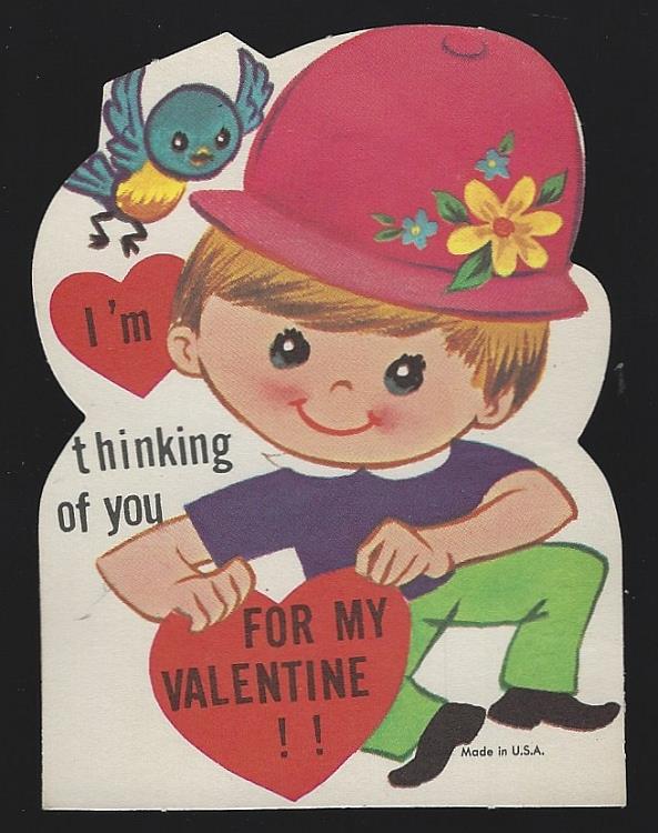 Valentine - Vintage Valentine Card with Boy and Bird