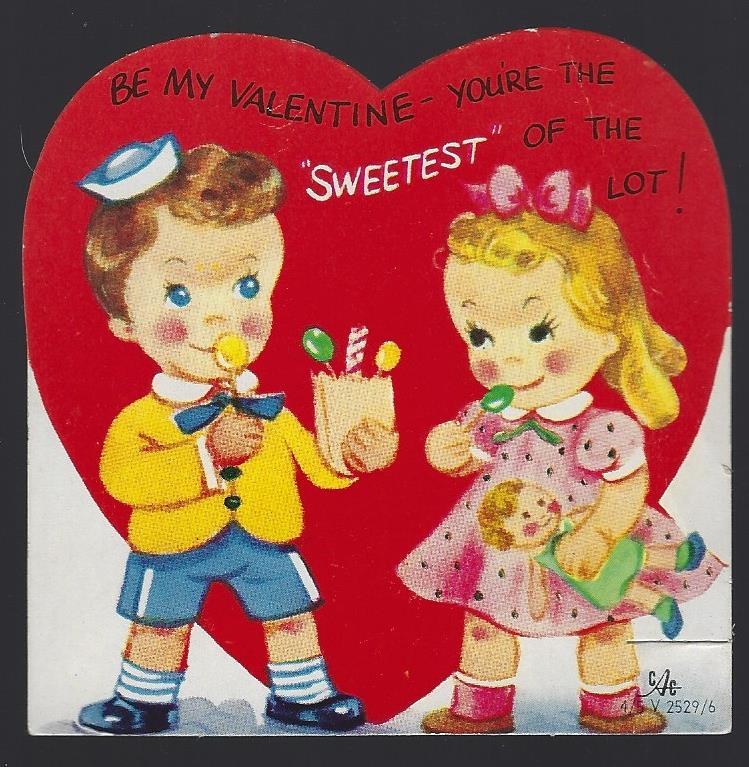 Valentine - Vintage Valentine Card with Two Children Eating Candy