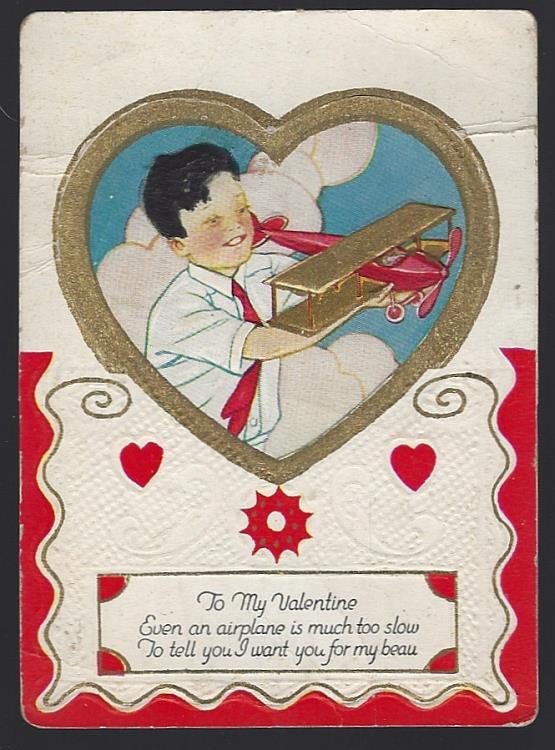 Valentine - Vintage Valentine Card with Boy and His Airplane