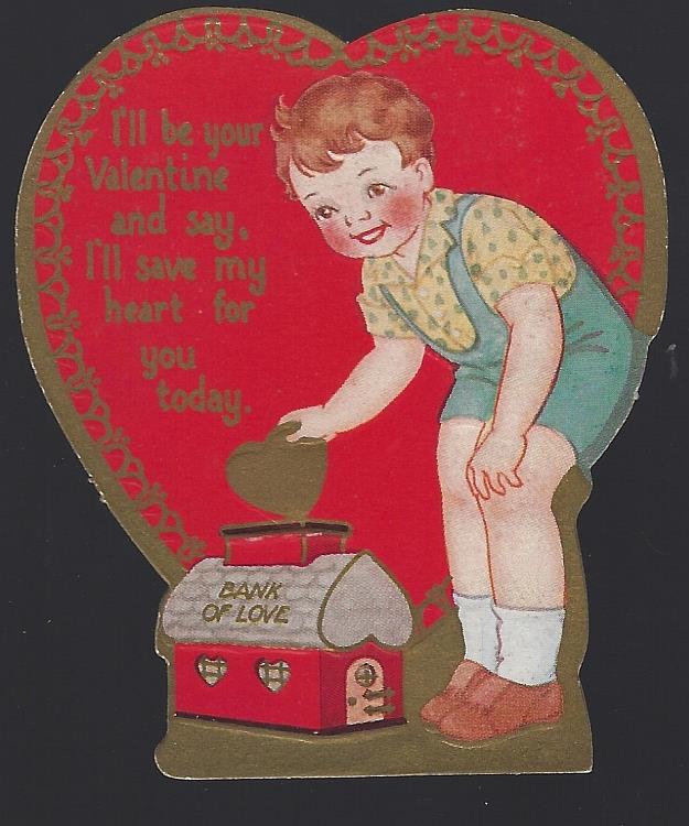 Valentine - Vintage Heart Shaped Valentine Card with Little Boy Putting Heart in Bank