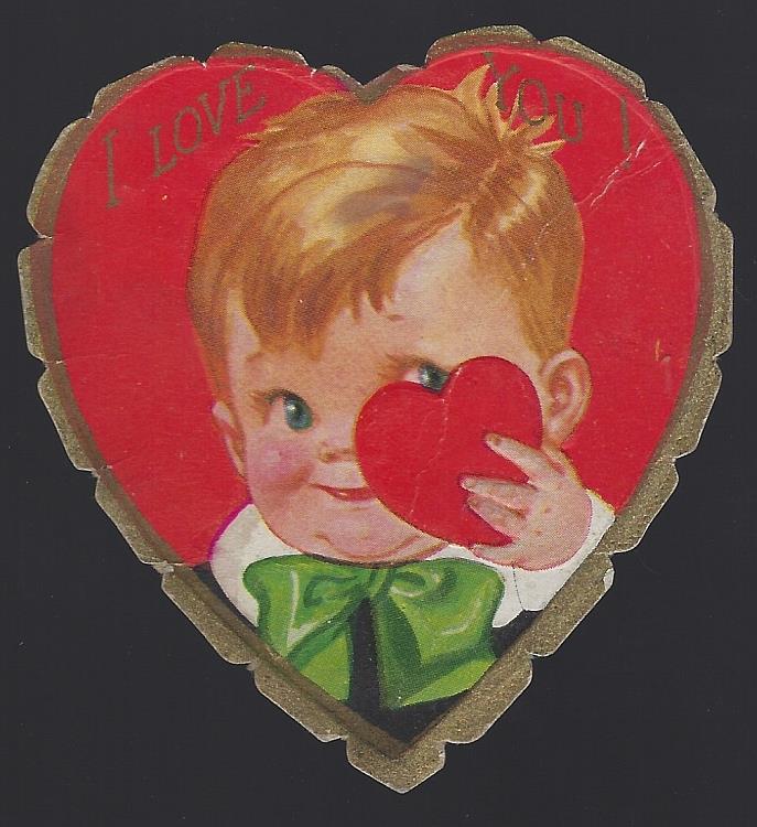 Valentine - Vintage Heart Shaped Valentine Card with Little Boy Holding Heart