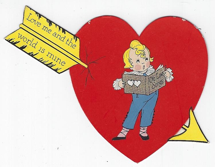 Valentine - Vintage Heart Shaped Valentine Card with Arrow and Singing Boy