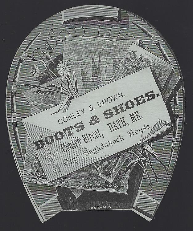 Advertisement - Victorian Die Cut Horseshoe Trade Card for Conley and Brown Boots and Shoes
