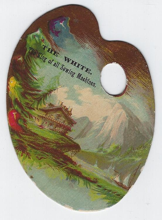 Advertisement - Victorian Die Cut Artist Palette Trade Card for White Sewing Machine