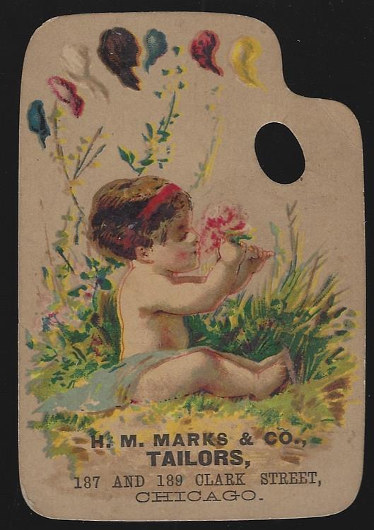 Advertisement - Victorian Die Cut Artist Palette Trade Card for H.M. Marks Tailors with Baby Smelling Flowers