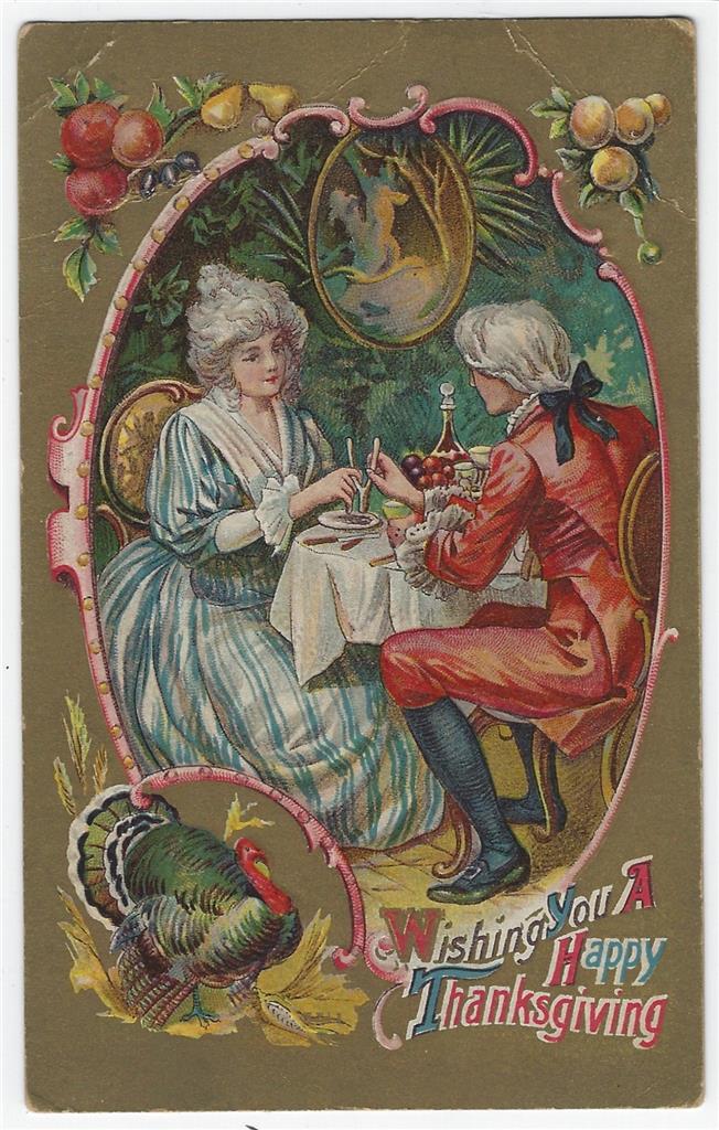 Postcard - Thanksgiving Postcard with Colonial Couple