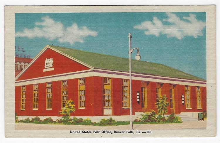 Postcard - United States Post Office, Beaver Falls, Pennsylvania