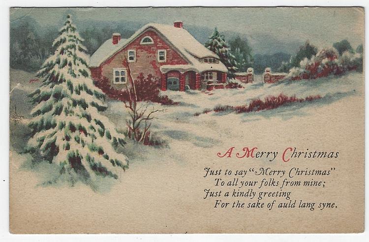 Postcard - Merry Christmas Postcard with Snowy House and Pine Trees