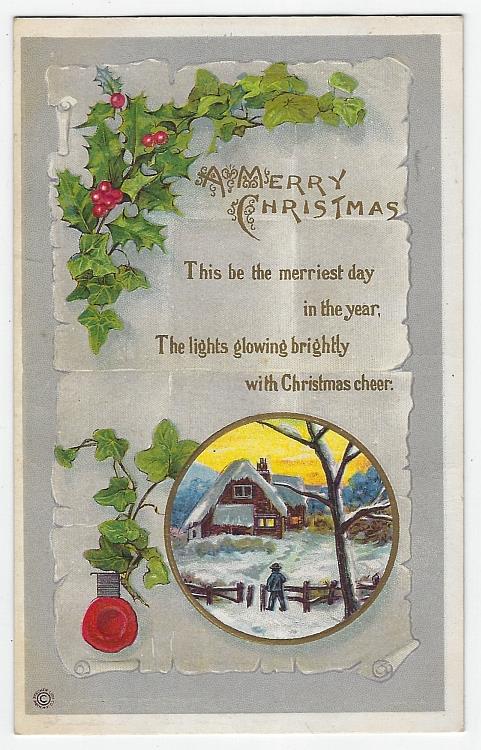 Postcard - Merry Christmas Postcard with Snowy House and Holly