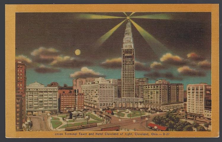 Postcard - Union Terminal Tower and Hotel Cleveland at Night, Cleveland, Ohio