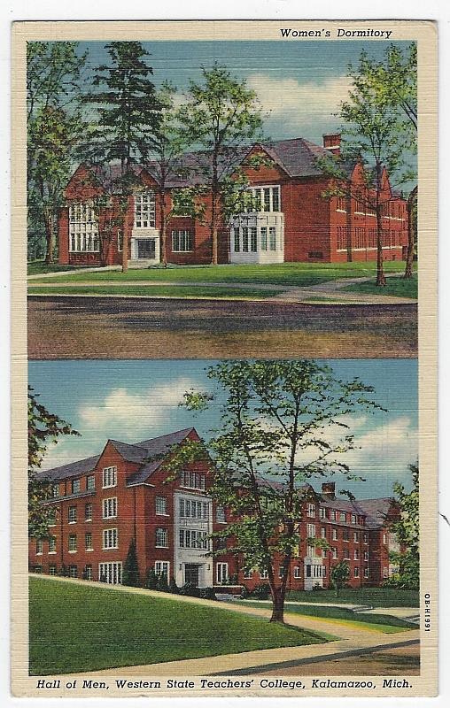 Postcard - Women's Dormitory and Hall of Men, Western State Teacher's College, Kalamazoo, Michigan